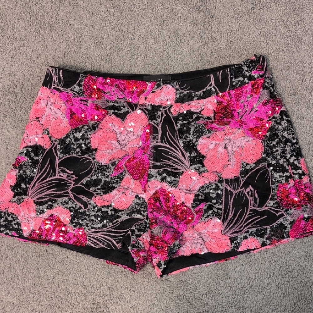 Vici Pink and Black Floral Sequin High Waist Shorts